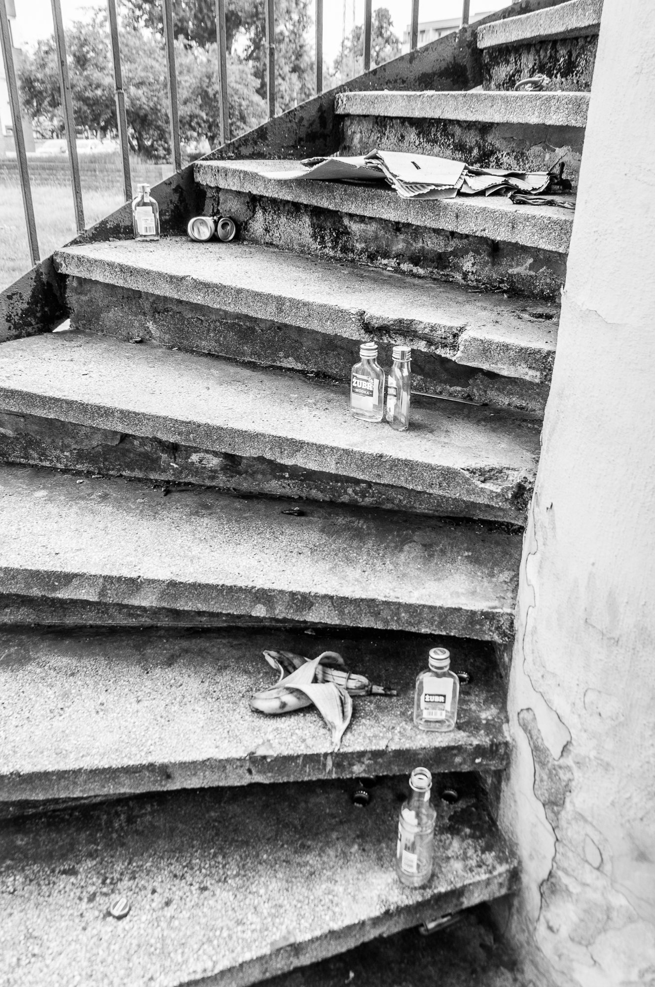 Adam Mazek Photography Warsaw (Warszawa) 2018. Post: "Aggression" Bottles on the stairs.